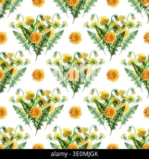 Motivo senza cuciture con bouquet di tarassio acquerello e fiori singoli su sfondo bianco. Questo design botanico rustico è ideale per la natura Foto Stock