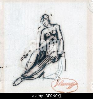 Questo schizzo del XVIII secolo di George Romney raffigura una donna seduta, forse uno studio per un'opera più grande, che mostra lo stile classico del disegno dell'artista. Il disegno a inchiostro su carta rivela una posa dinamica con marcature a matita sottostanti visibili, caratteristica dei processi artistici preliminari di Romney. Foto Stock