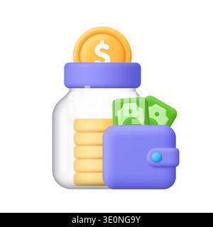 Vaso di risparmio pieno di monete d'oro accanto a un portafoglio con contanti. Risparmio di denaro, finanza personale, budget e concetto di gestione patrimoniale. icona vettoriale 3d. Illustrazione Vettoriale