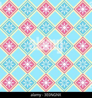 Vivace motivo senza cuciture con stelle e quadrati in rosa, blu e giallo, moderno sfondo astratto Illustrazione Vettoriale