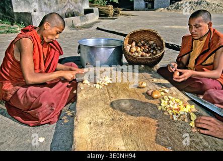 Due giovani monaci tagliano e sbucciano le patate su un asse di legno fuori dal loro monastero in Bhutan. Lavorano insieme per preparare il cibo. Foto Stock