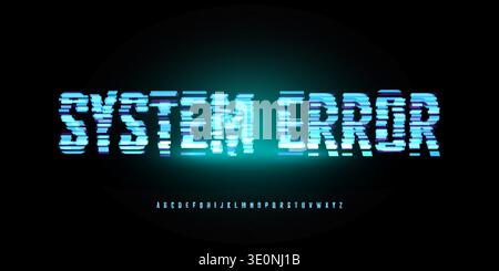 Pulsante alfabeto con logo per font glitter digitali, set di insegne lettere con effetto rumore neon turchese, design tipografico per videogame per computer Illustrazione Vettoriale