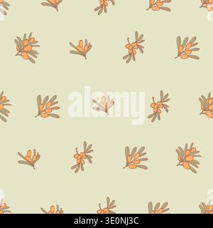 Schema senza cuciture Sea Buckthorn. Ramificare le bacche e le foglie arancioni su sfondo verde chiaro. Modello disegnato a mano colorato con motivi botanici. Illustrazione vettoriale Illustrazione Vettoriale