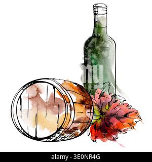 Cantina natura morta con bottiglia, botte di legno per l'invecchiamento, foglia d'uva. Illustrazione isolata disegnata a mano con acquerello e inchiostro per promozione tour enologico, artigianato Foto Stock