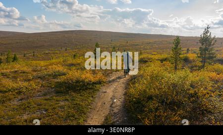 Vista aerea di un ciclista solitario pedala lungo un tortuoso sentiero sterrato tra la vibrante tundra autunnale, un arazzo di oro e verde sotto un vasto cielo, Saar Foto Stock