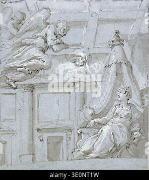 Questo disegno, "l'Annunciazione", è uno studio dinamico del XVI secolo, creato dal famoso artista italiano Giorgio Vasari. Lo schizzo mostra l'Arcangelo Gabriele che scende verso la Vergine Maria, con altre figure angeliche presenti, catturando il drammatico momento della rivelazione divina con linee fluide e chiaroscuro. Foto Stock