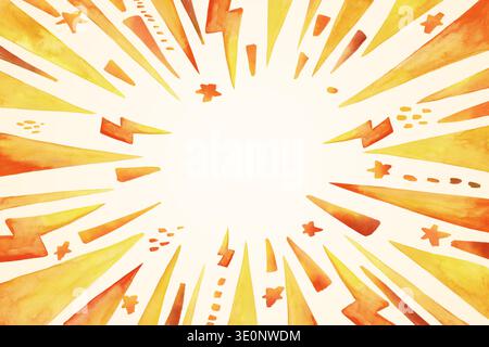 Sfondo fumettistico ad acquerello con raggi arancioni e gialli. Pop art dipinte a mano, fulmini radiali, stelle e raggi sullo sfondo. Foto Stock