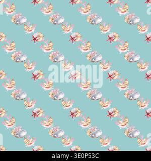 Acquerello dipinto a mano con motivo senza cuciture con conchiglie, stelle marine, coralli e perle su sfondo turchese. Clipart della vita marina sottomarina. Perfetto per Foto Stock