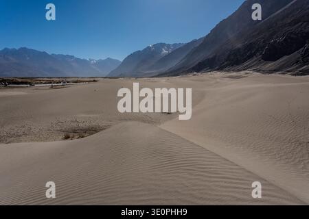 Le ondulate dune di sabbia di Hunder si estendono attraverso il fondo della valle verso le cime nebbiose della catena del Karakoram visibili in lontananza. Unione distrettuale di Leh Foto Stock