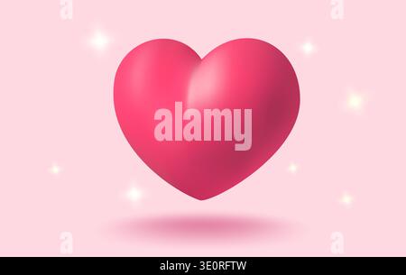 Icona vettoriale di cuore rosa per San Valentino in stile realistico 3D. Banner vettoriale realistico con cuore su sfondo rosa. Illustrazione Vettoriale