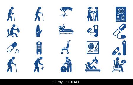 Blue Parkinson's Disease Vector Icons, tremori, mobilità e trattamento medico Illustrazione Vettoriale