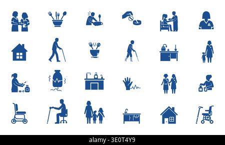 Blue Parkinson's Disease & Elast Care Vector Icons. Sagome per tremore, mobilità e operatori sanitari Illustrazione Vettoriale