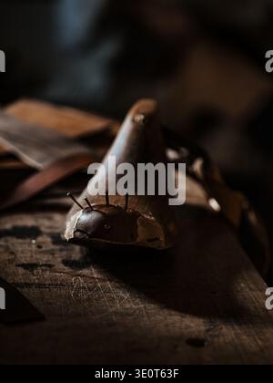 Primo piano di una scarpa di legno utilizzata per l'ultima volta nella produzione tradizionale di scarpe in un laboratorio coloniale a Colonial Williamsburg, Virginia, Stati Uniti. Foto Stock