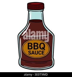 Una classica illustrazione vettoriale di una bottiglia di salsa barbecue con un liquido viscoso marrone scuro e un coperchio rosso. Illustrazione Vettoriale