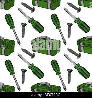 Schema vettoriale senza cuciture di cassetta degli attrezzi verde, cacciaviti e viti, illustrazione Illustrazione Vettoriale