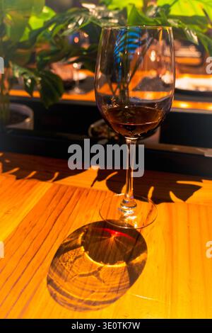 Bicchiere di vino rosso con una spettacolare ombra luminosa su un tavolo di legno con piante Foto Stock