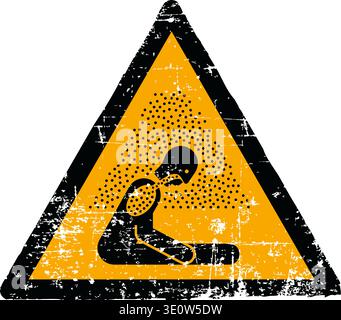 Illustrazione vettoriale di un segnale di pericolo di atmosfera asfissiante con una texture grunge. Simbolo del triangolo giallo, graffito e usurato, che mostra una persona che collassa dal gas isolato su sfondo bianco. Conforme agli standard internazionali sui segnali di sicurezza, tra cui ISO 7010 W041 ANSI Z535 OSHA e DIN 4844. Simbolo di pericolo industriale in difficoltà per la salute sul lavoro. Illustrazione Vettoriale