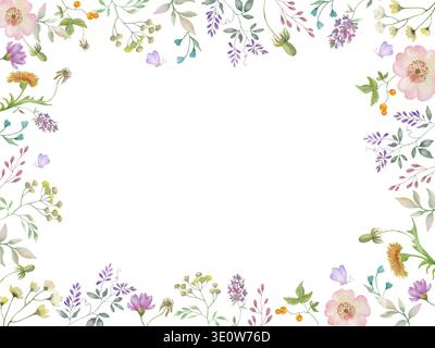 Cornice floreale con acquerello rosa selvatica con frutti di bosco e foglie verdi. Illustrazione disegnata a mano. Perfetto per cartoleria e biglietti d'auguri. Foto Stock