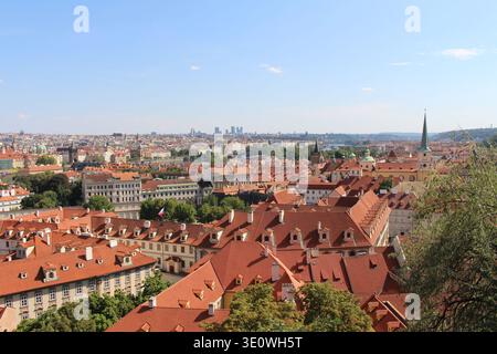 Il Castello di Praga si affaccia sul Panorama agosto 2024 cupole e tetti arancioni Foto Stock