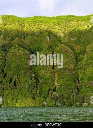 Cratere vulcanico di Sete Cidades. Lussureggianti pendii verdi circondano una laguna blu profonda. Foto Stock