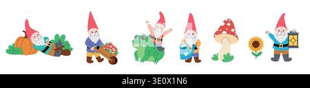 Set di cinque gnomi da giardino a cartoni animati. Simpatici personaggi fiabeschi. Un elfo da giardino. Sgabelli, piante e rane. Moderne illustrazioni vettoriali disegnate a mano. Isolato su sfondo bianco Illustrazione Vettoriale