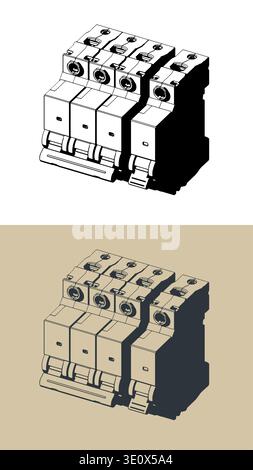 Illustrazioni vettoriali stilizzate isometriche degli interruttori automatici Illustrazione Vettoriale