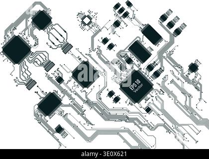 scheda elettronica astratta e sfondo cpu in bianco e nero Illustrazione Vettoriale