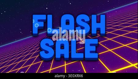 Visualizzazione di testo 3D blu di grandi dimensioni "VENDITA FLASH" su griglia al neon come banner al neon, con linee gialle Foto Stock