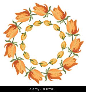 Doppia corona vettoriale di tulipani gialli e arancioni su sfondo bianco. Montatura floreale primaverile per matrimonio, tessera di vacanza, invito e design festivo. Illustrazione Vettoriale