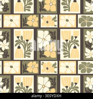 Motivo floreale senza cuciture. Arte folk floreale scanalata Geometrico ornamento piastrelle organiche forme in trendy e ingenuo hippie retrò anni '60, '70 Drawi contemporaneo Illustrazione Vettoriale