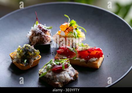 Tartine gourmet assortite con salmone gravlax, tartare di pesce, uova di salmone e microgreen serviti su un moderno piatto nero. Ampia scelta di antipasti. Foto Stock