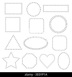 Set di forme geometriche creato da elementi di progettazione vettoriali con linee tratteggiate. Linee tratteggiate forme per lo sviluppo educativo dei bambini, libro da colorare. Illustrazione Vettoriale