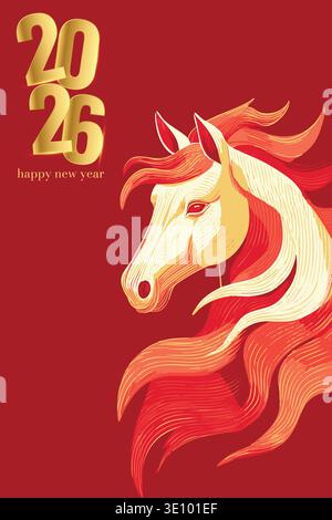 Illustrazione felice anno nuovo 2026 con Majestic Red and Gold Horse – elegante opera d'arte di Capodanno in stile zodiaco Illustrazione Vettoriale