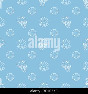 Ripetizione shell senza giunture. Conchiglie bianche disegnate a mano su sfondo blu. Aprire le conchiglie con una perla e perle all'interno. Design in stile nautico. Tema costiero e spiaggia. Illustrazione vettoriale. Illustrazione Vettoriale