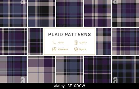 Sofisticato motivo a quadri senza cuciture caratterizzato da una moderna miscela di tonalità viola intenso, blu navy e grigio. Ideale per design tessile, sfondi digitali Illustrazione Vettoriale