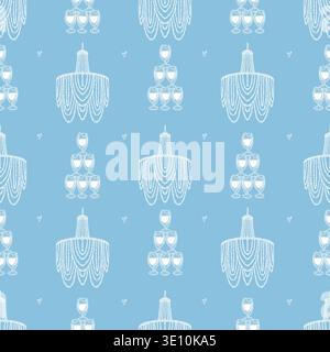 Un motivo blu e bianco senza cuciture con cocktail stravaganti, una torre di vetro, un lampadario di cristallo retrò e cuori. Un lussuoso sfondo vintage disegnato a mano. Illustrazione vettoriale per matrimoni, festività e compleanni. Illustrazione Vettoriale