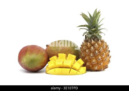 Una splendida disposizione di frutta tropicale colorata, tra cui mango e ananas, perfetta per temi di stile di vita fresco e sano Foto Stock