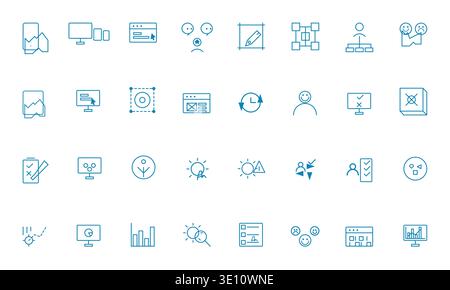 Icone vettoriali con profilo Web UI/UX blu, wireframe, analisi e feedback degli utenti Illustrazione Vettoriale