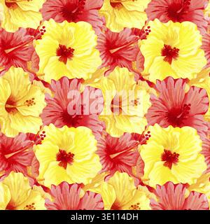 Motivo floreale tropicale senza cuciture acquerello. Grandi fiori di ibisco gialli e rossi. Motivo ad acquerello disegnato a mano senza cuciture con fiori tropicali di colore. Foto Stock