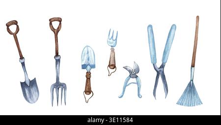 Set acquerello di oggetti da giardino. Attrezzi di giardinaggio. Illustrazione del giardino di primavera Foto Stock
