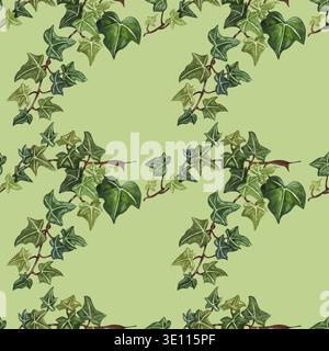 Illustrazione di edera botanica senza cuciture ad acquerello. Motivo floreale senza cuciture di ivy twig. Foglie di edera verdi dipinte a mano, sfondo verde Foto Stock