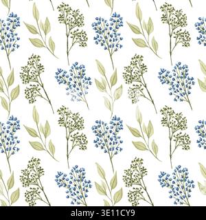 Motivo floreale ad acquerello senza cuciture con fiori e foglie. Illustrazione dei rametti essiccati disegnati a mano Foto Stock