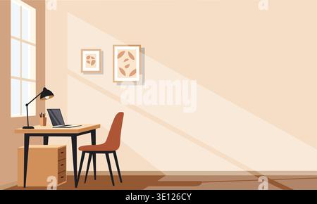 Un'elegante e accogliente illustrazione di un ufficio domestico con un caldo tono terra e un'atmosfera di colore beige. Dispone di una scrivania in legno, una comoda sedia, una pianta in vaso, Illustrazione Vettoriale