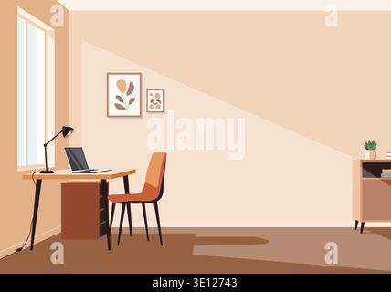 Un'elegante e accogliente illustrazione di un ufficio domestico con un caldo tono terra e un'atmosfera di colore beige. Dispone di una scrivania in legno, una comoda sedia, una pianta in vaso, Illustrazione Vettoriale
