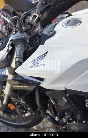 Motocicletta Honda Hornet che mostra i dettagli del serbatoio del carburante, del motore e del manubrio da una prospettiva ravvicinata Foto Stock