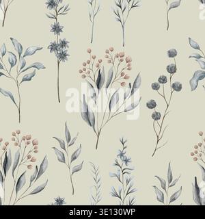 Acquerello motivo floreale senza cuciture con foglie secche, fiori blush blu e beige, rami di foglie. Inviti di nozze, sfondi, sfondi, fashi Foto Stock
