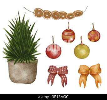 Set di elementi per Natale. Illustrazione di acquerello disegnata a mano. Albero di Natale. Vacanze invernali Foto Stock
