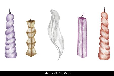 Illustrazione ad acquerello disegnata a mano con candele e fumo su bianco Foto Stock