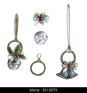 L'acquerello decora il set di alberi di Natale. Decorazioni di alberi di fattoria. Giocattoli in vetro e legno Foto Stock