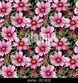 Illustrazione di fiori selvatici ad acquerello. Disegno a mano senza cuciture con fiori e foglie cosmo Foto Stock